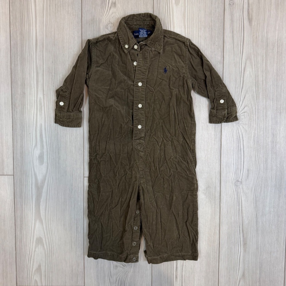 Vintage Ralph Lauren Baby Boys Olive Brown Corduroy Coverall Jumpsuit 18M
